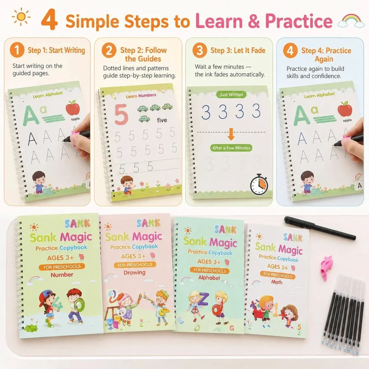 Handwriting Practice Notebook Set Reusable Tracing Pen & Refills