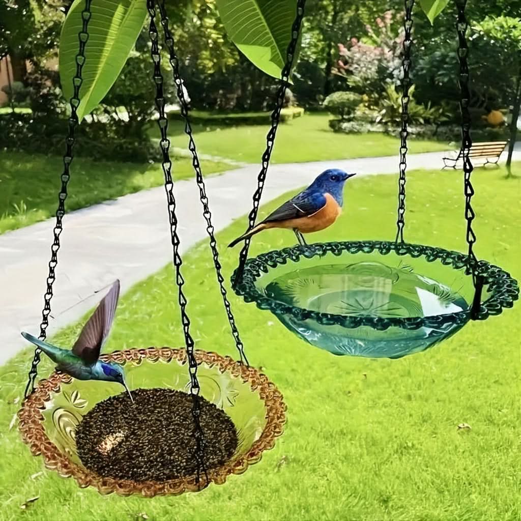 Hanging Bird Feeder Double-Bowl Weather-Resistant Chain Included
