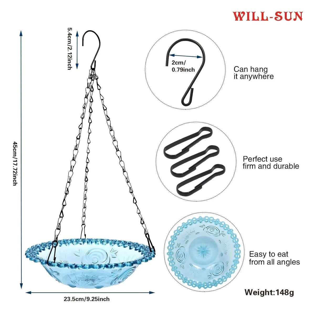 Hanging Bird Feeder Double-Bowl Weather-Resistant Chain Included