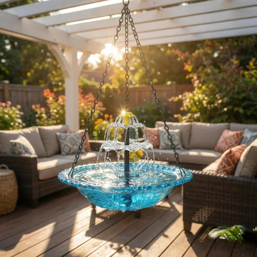 Hanging Birdbath Fountain Solar-Powered Two-Level Glass Bowl & Metal Chain