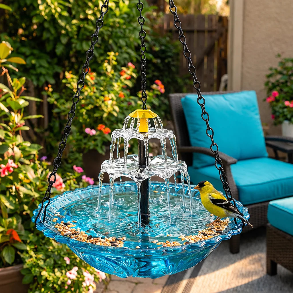 Hanging Birdbath Fountain Solar-Powered Two-Level Glass Bowl & Metal Chain