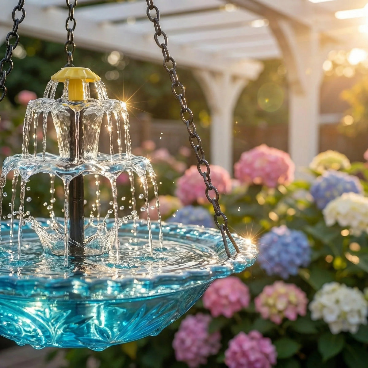 Hanging Birdbath Fountain Solar-Powered Two-Level Glass Bowl & Metal Chain
