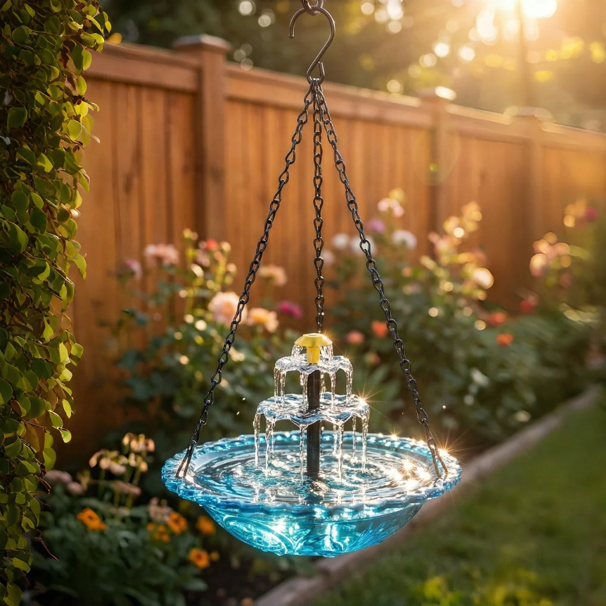 Hanging Birdbath Fountain Solar-Powered Two-Level Glass Bowl & Metal Chain