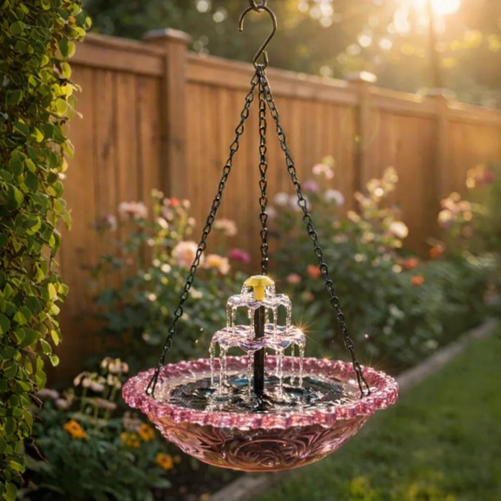 Hanging Birdbath Fountain Solar-Powered Two-Level Glass Bowl & Metal Chain