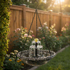 Hanging Birdbath Fountain Solar-Powered Two-Level Glass Bowl & Metal Chain