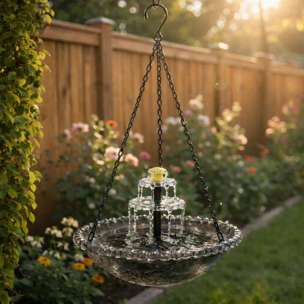 Hanging Birdbath Fountain Solar-Powered Two-Level Glass Bowl & Metal Chain