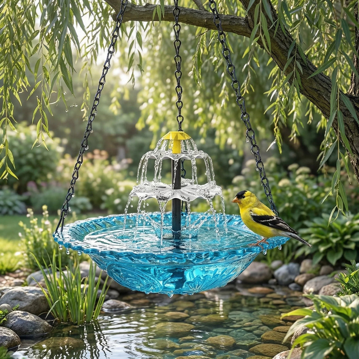 Hanging Fountain Solar-Powered Two-Tier Hand-Blown Glass Bowl