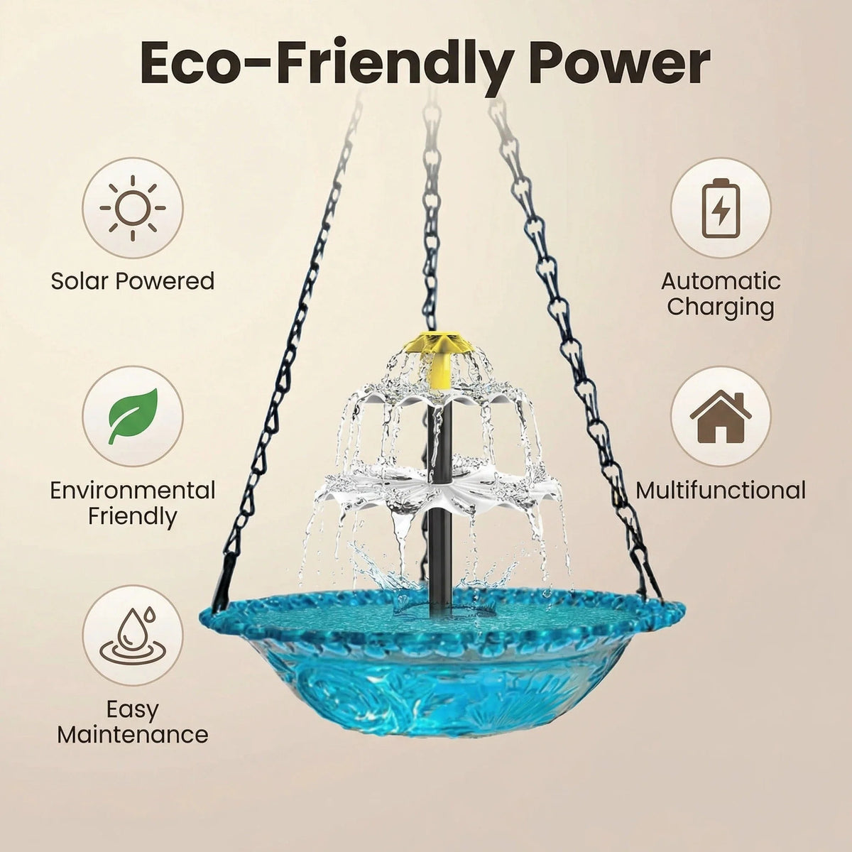Hanging Fountain Solar-Powered Two-Tier Hand-Blown Glass Bowl