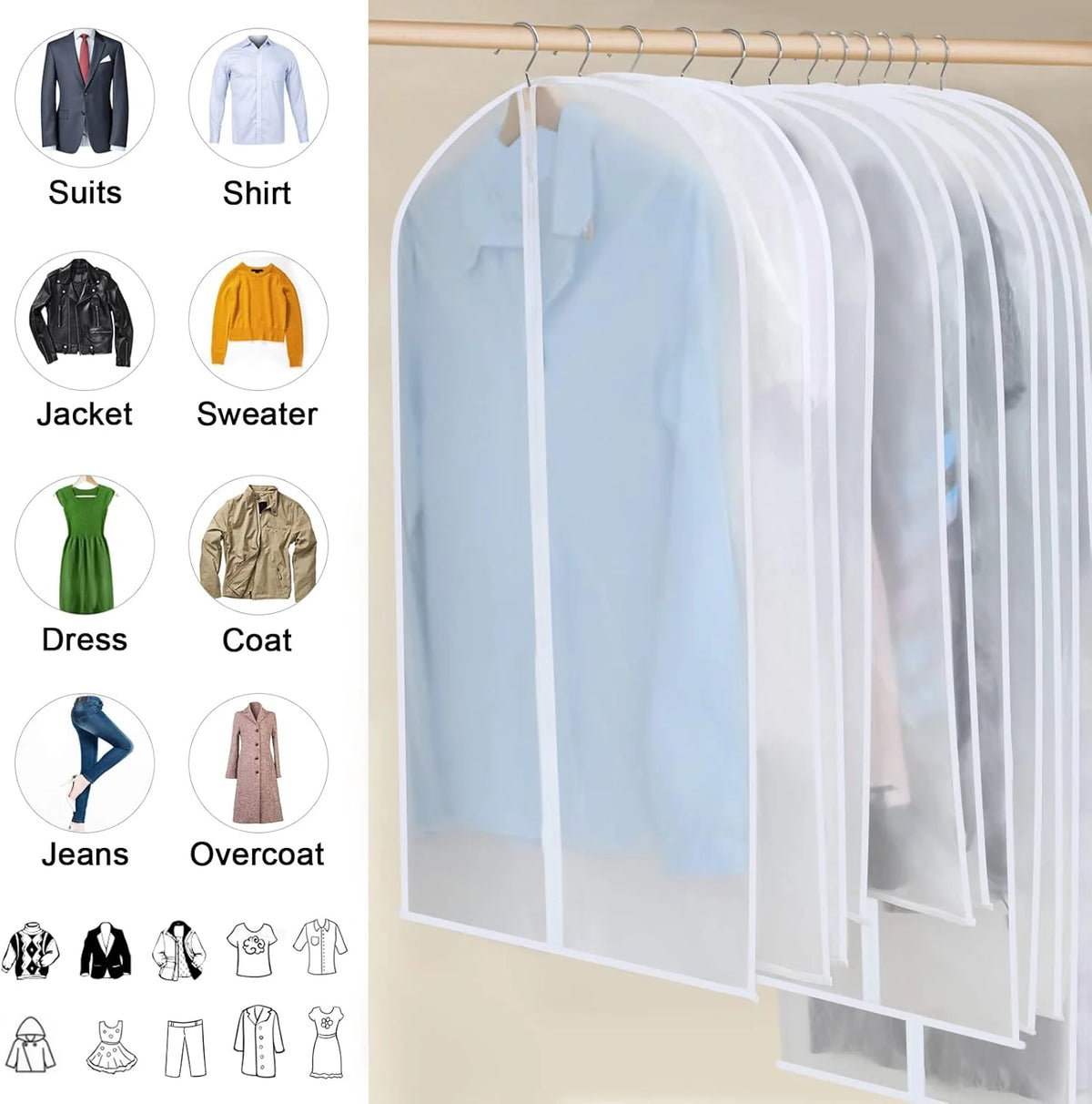 Hanging Garment Cover Set PEVA Water-Resistant Full-Length Zipper 24-Pack