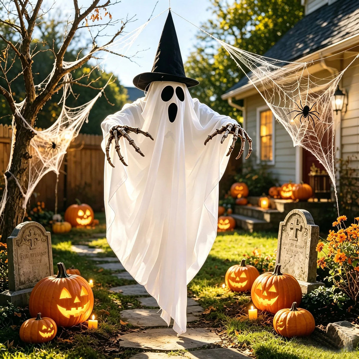 Hanging Ghost LED-Lit Witch Hat & Posable Arms