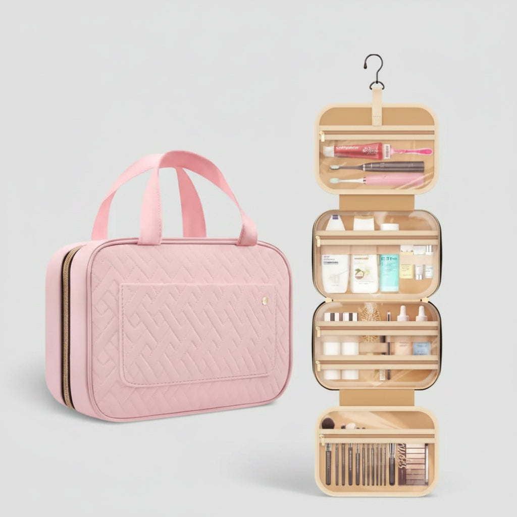 Hanging Makeup Bag Fold-Out Multi-Compartment Travel-Friendly