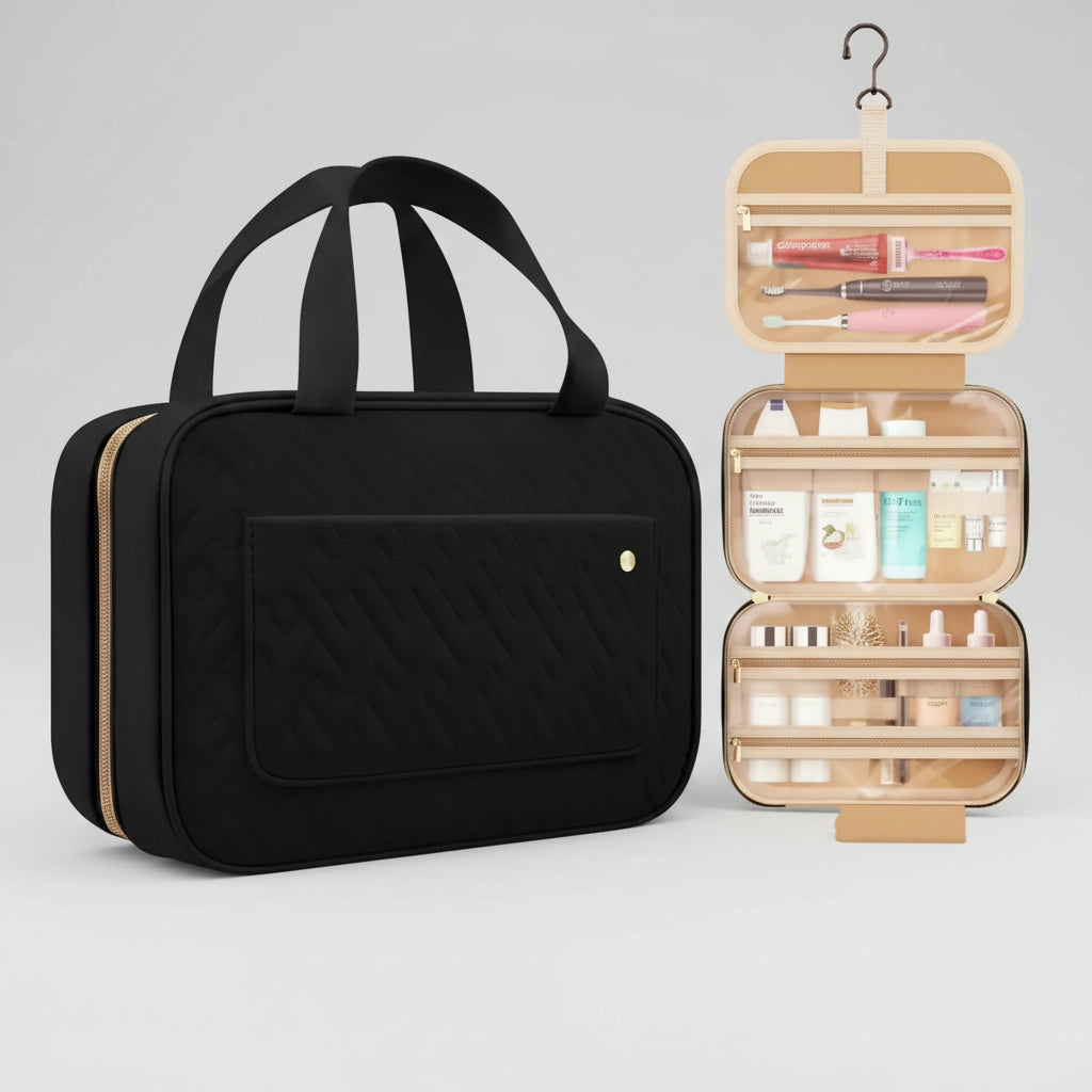 Hanging Makeup Bag Fold-Out Multi-Compartment Travel-Friendly