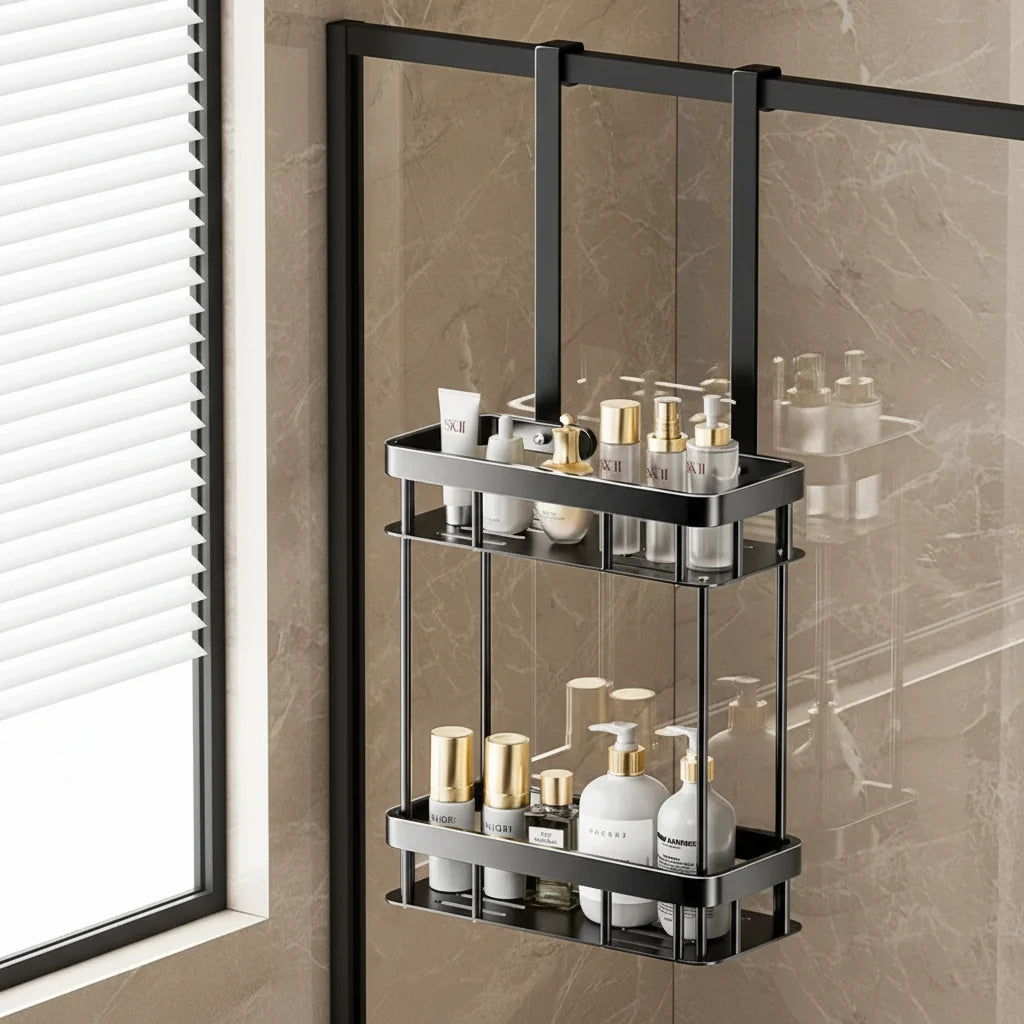 Hanging Shower Shelf Drill-Free Over-Glass Mount Aluminium Two-Tier