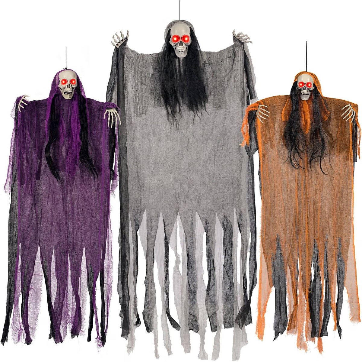 Hanging Skeleton Ghosts Red LED Fold-Flat Set of 3
