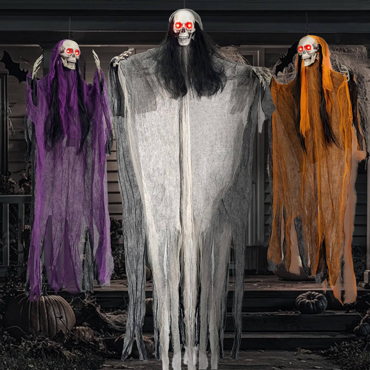 Hanging Skeleton Ghosts Red LED Fold-Flat Set of 3