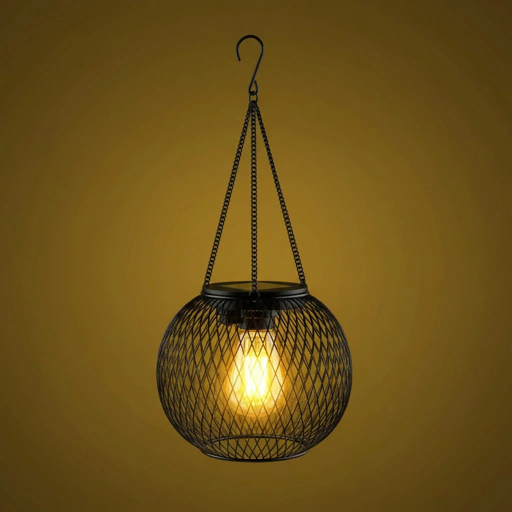 Hanging Solar Lantern Metal Mesh Shadow Projecting Warm LED