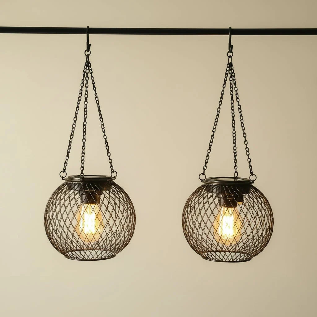 Hanging Solar Lantern Metal Mesh Shadow Projecting Warm LED
