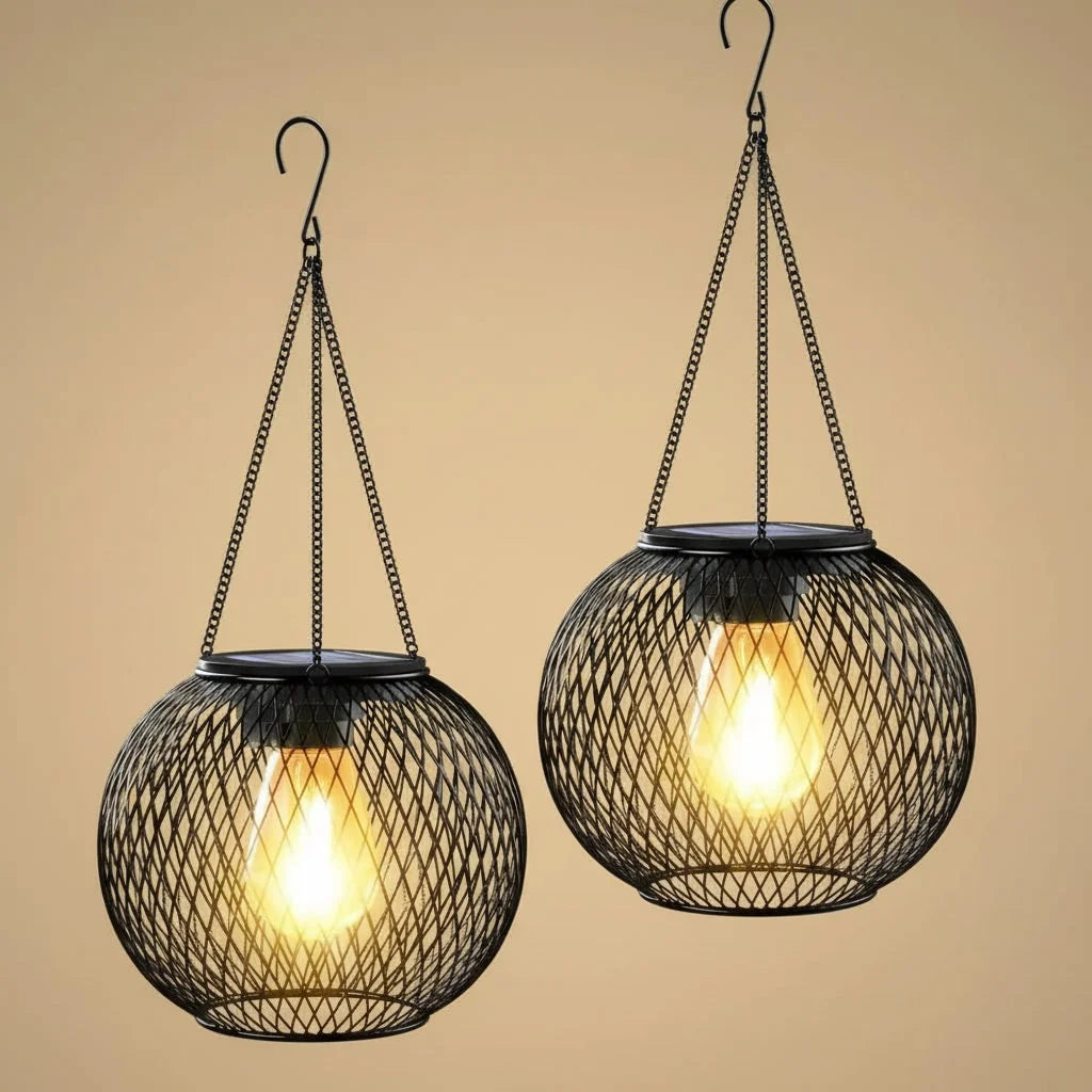 Hanging Solar Lantern Metal Mesh Shadow Projecting Warm LED