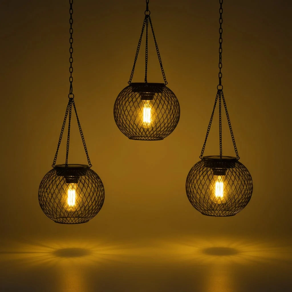 Hanging Solar Lantern Metal Mesh Shadow Projecting Warm LED