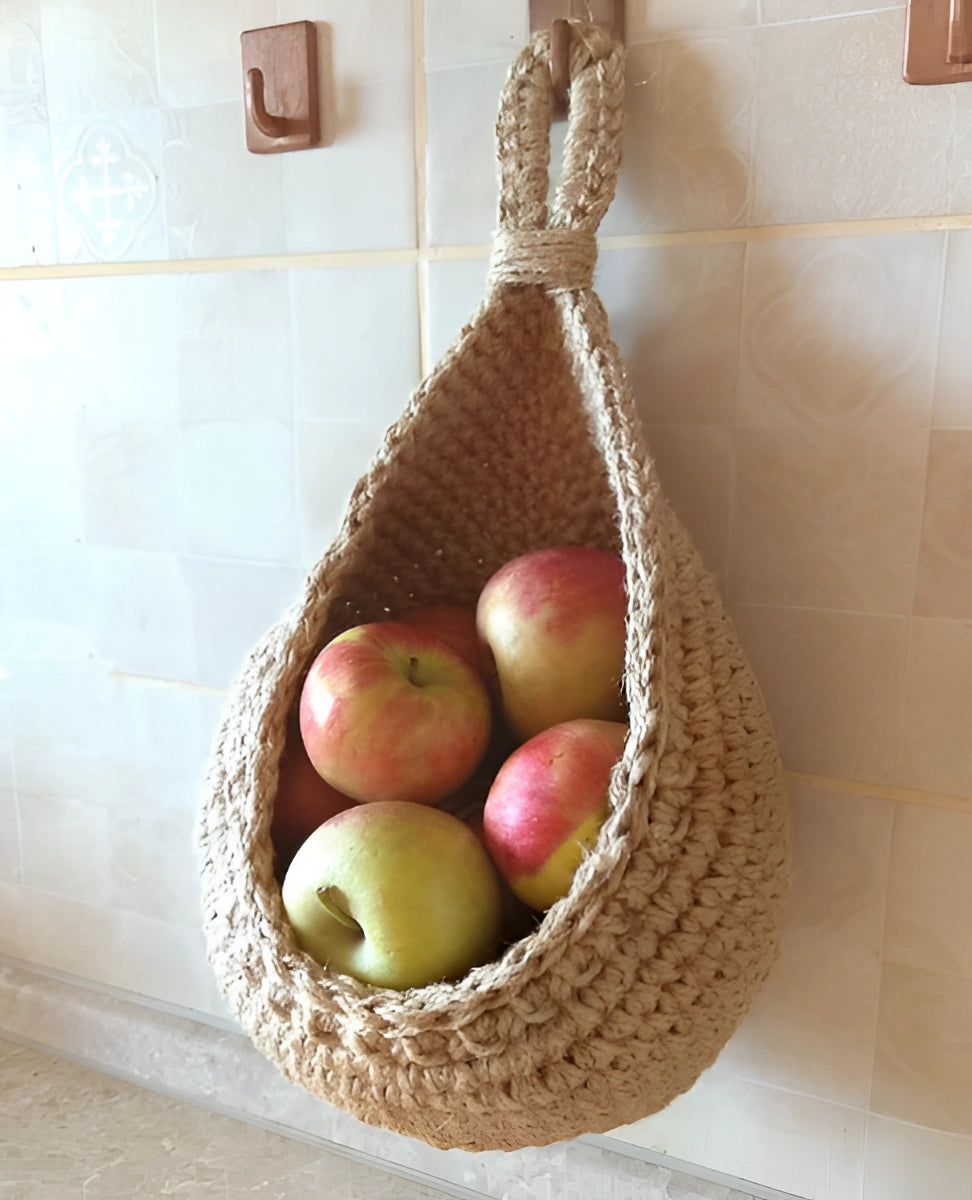 Hanging Storage Basket Handcrafted Jute & Adjustable Cord