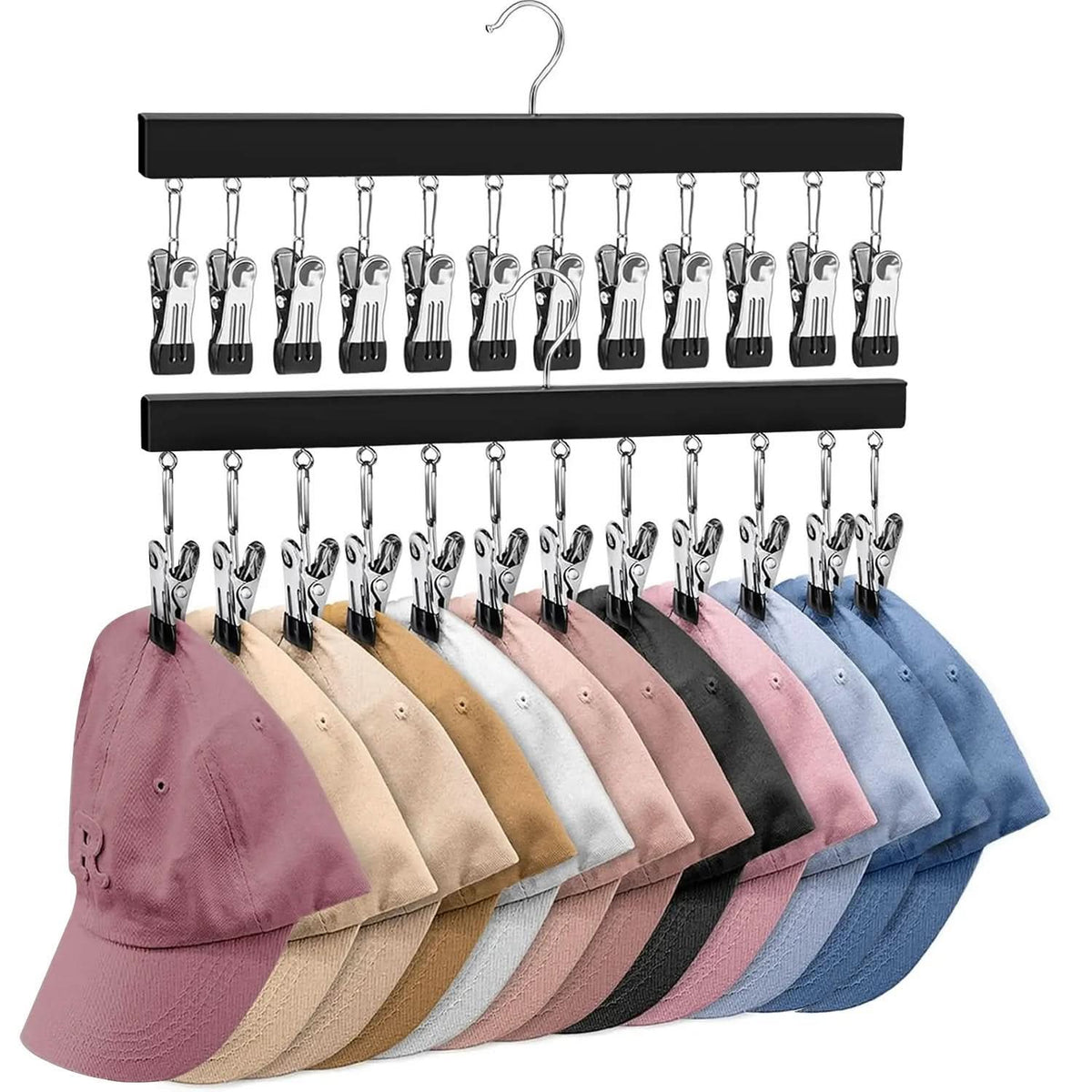 Hat Organizer Wooden Wall-Mounted 12 Stainless Steel Clips