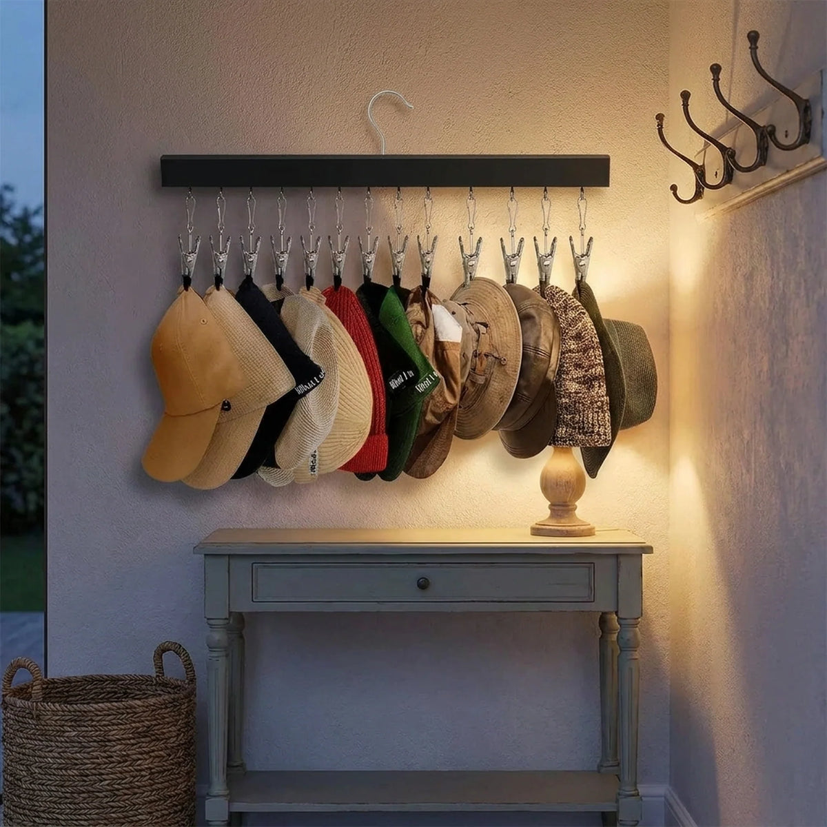 Hat Organizer Wooden Wall-Mounted 12 Stainless Steel Clips