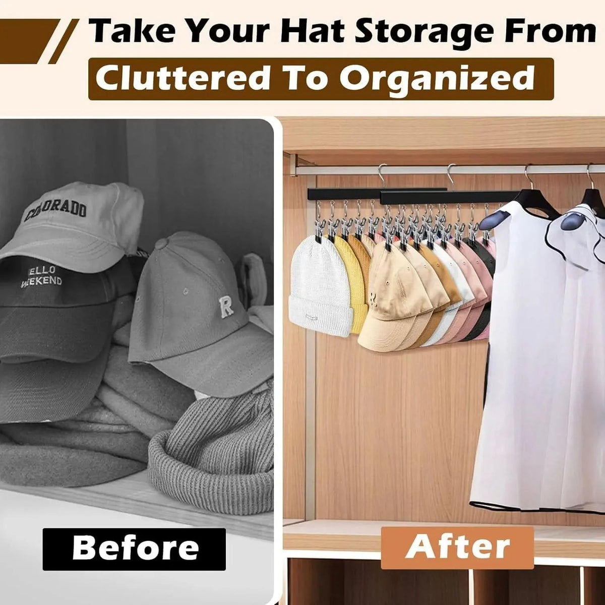 Hat Organizer Wooden Wall-Mounted 12 Stainless Steel Clips