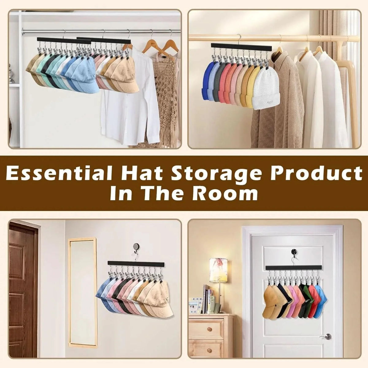 Hat Organizer Wooden Wall-Mounted 12 Stainless Steel Clips