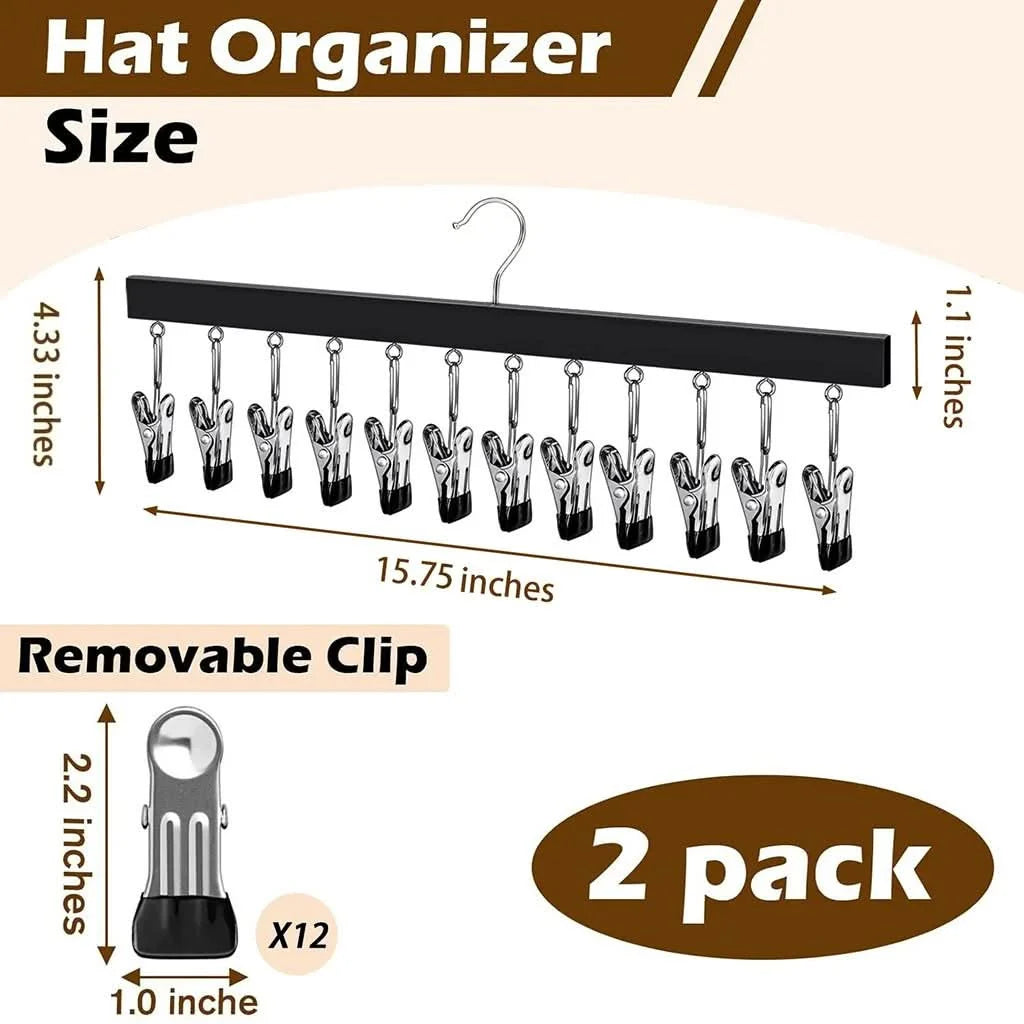 Hat Organizer Wooden Wall-Mounted 12 Stainless Steel Clips