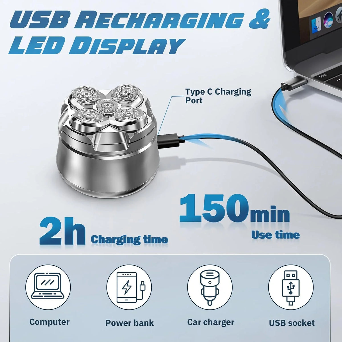 Head Shaver Magnetic 5D Heads Waterproof 120 Min Runtime