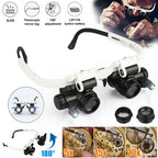 Headband Magnifier Interchangeable Lenses 10X To 25X Dual LED & Convertible Fit