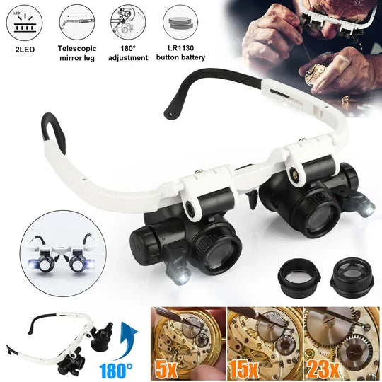 Headband Magnifier Interchangeable Lenses 10X To 25X Dual LED & Convertible Fit