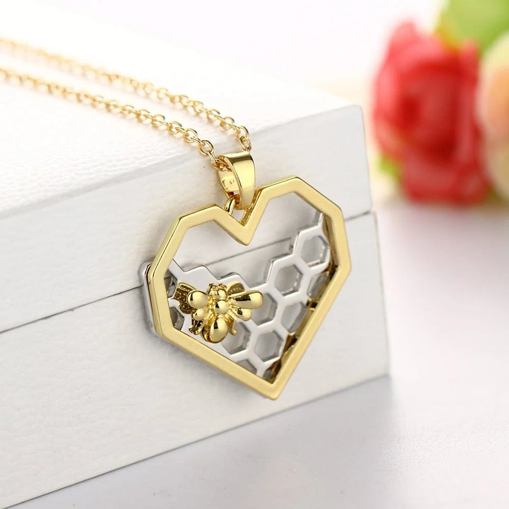 Heart Necklace Honeycomb Pendant Gold & Silver