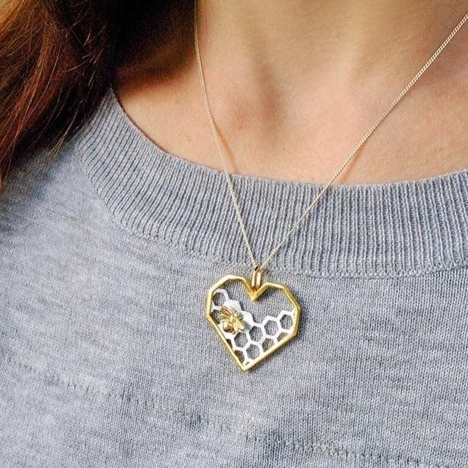 Heart Necklace Honeycomb Pendant Gold & Silver