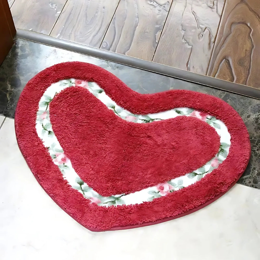 Heart-Shaped Tufted Floral Microfiber Bath Mat (Non-Slip Base)