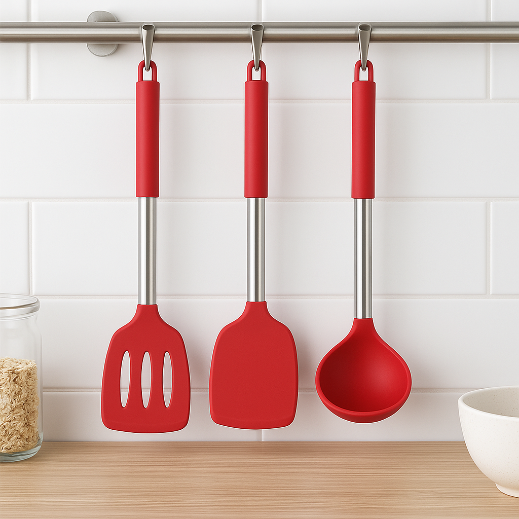 Heat-Resistant Silicone & Stainless Steel Utensil Set (3-Piece)