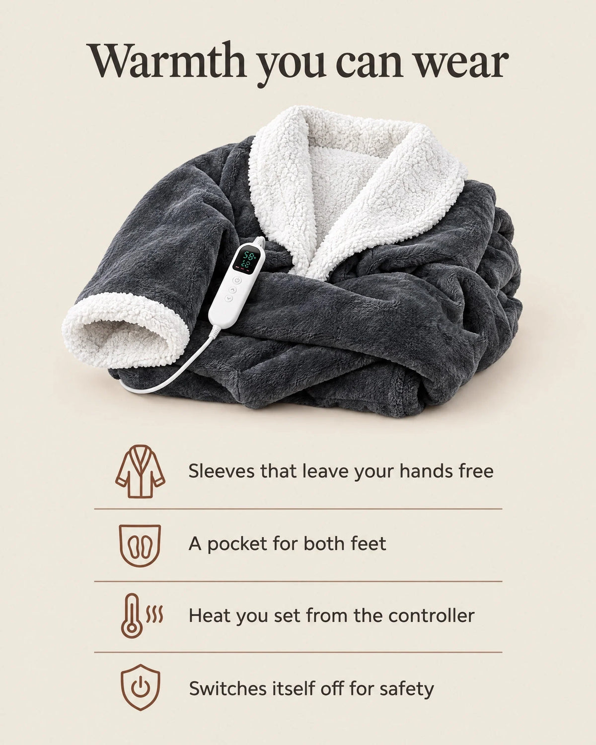 Heated Blanket Robe Adjustable Heat Sherpa-Lined Foot Pocket