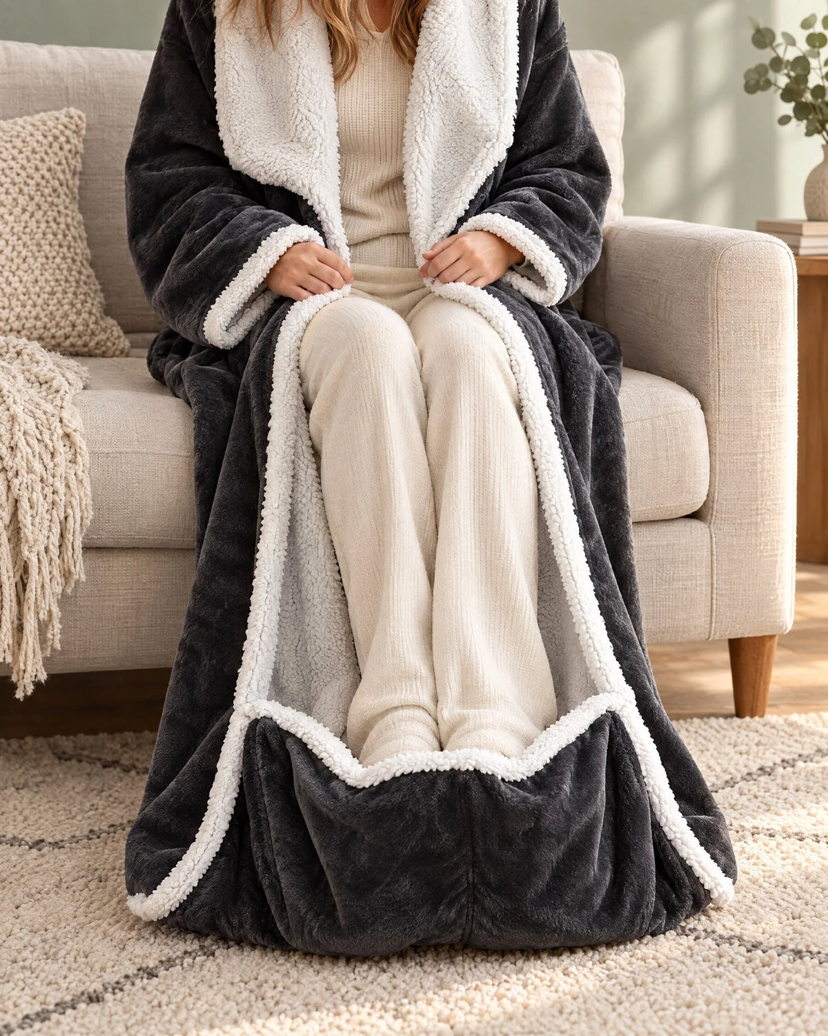 Heated Blanket Robe Adjustable Heat Sherpa-Lined Foot Pocket