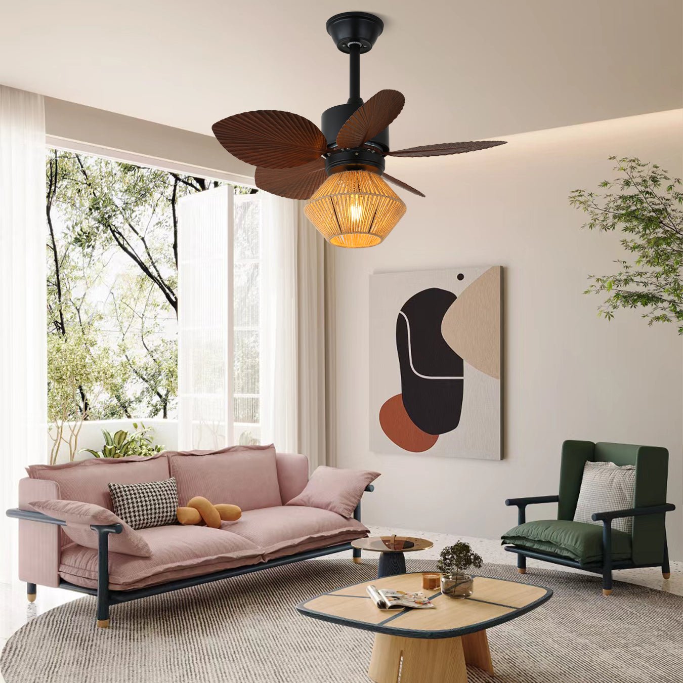 Hemp Rope Lampshade & 6-Speed Remote Ceiling Fan (Indoor)