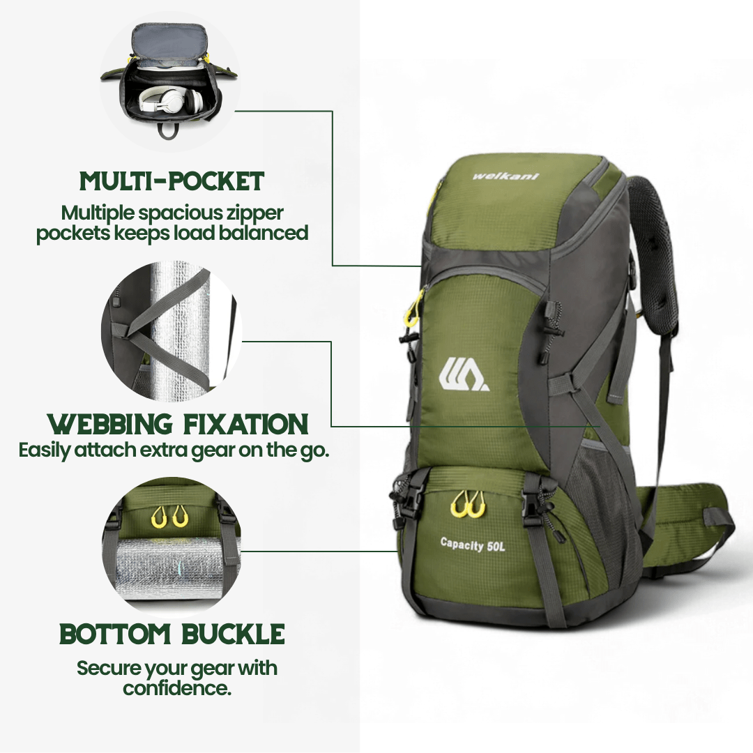 Hiking Backpack 50L Breathable Back Support & Shoe Compartment