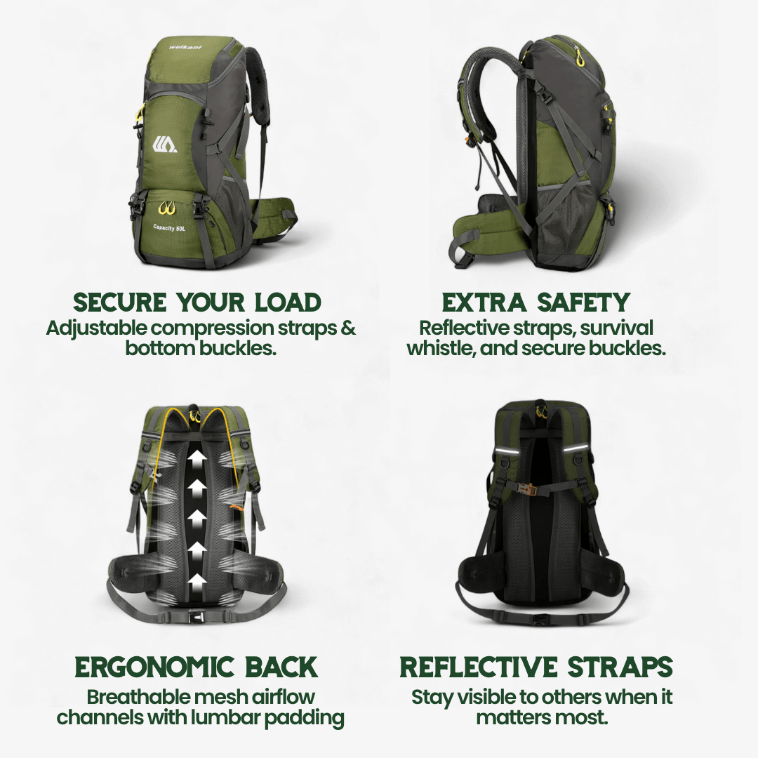 Hiking Backpack 50L Breathable Back Support & Shoe Compartment