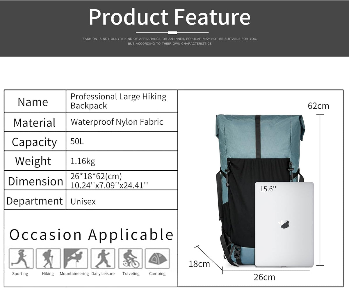 Hiking Backpack 50L Water-Resistant Breathable Back Support