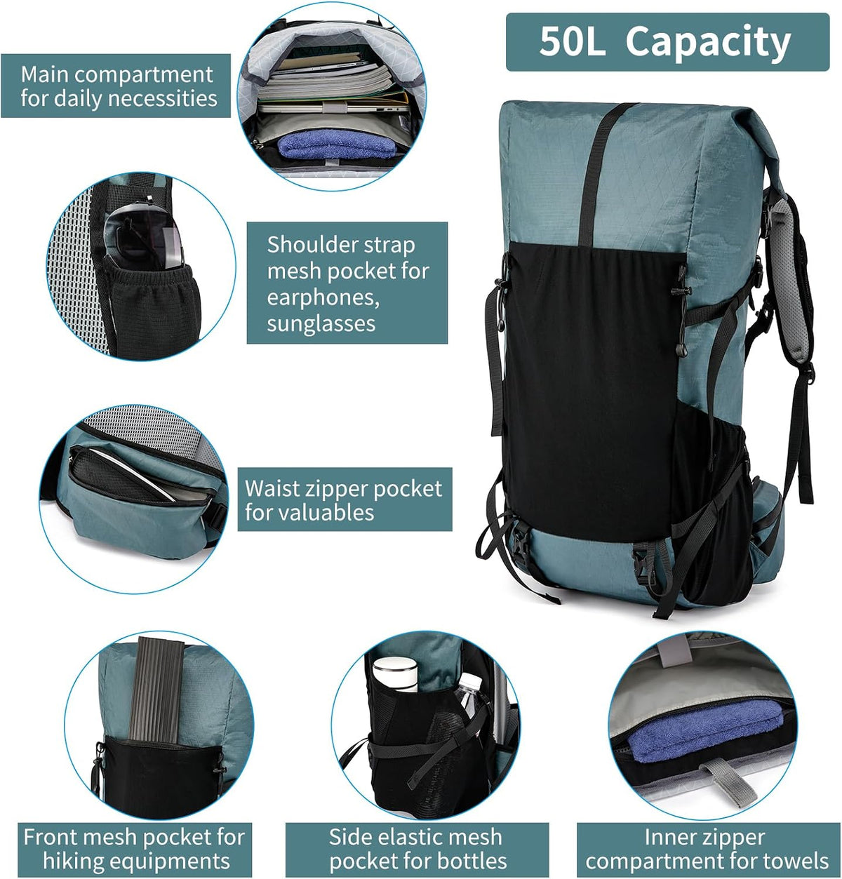 Hiking Backpack 50L Water-Resistant Breathable Back Support