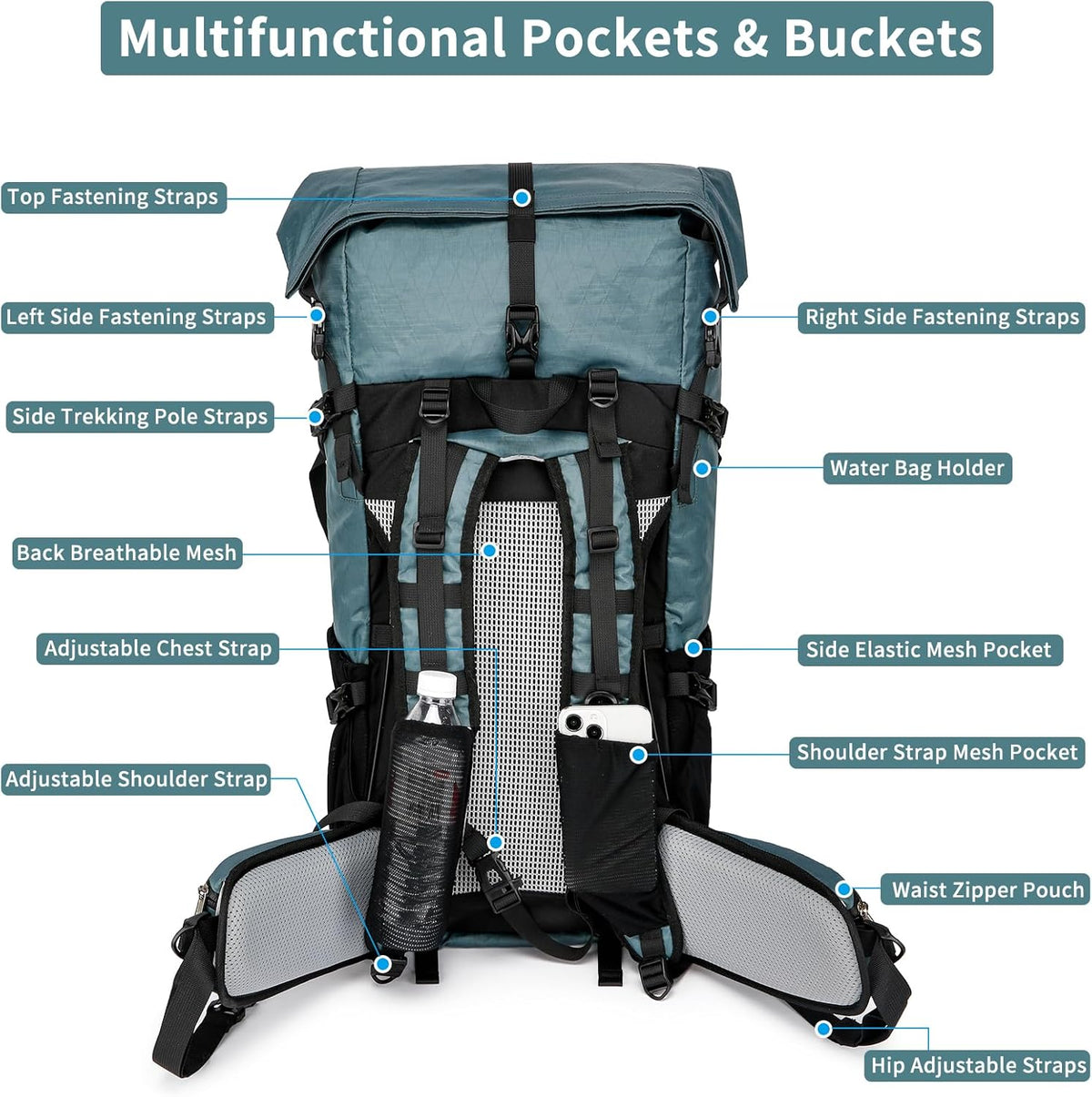 Hiking Backpack 50L Water-Resistant Breathable Back Support