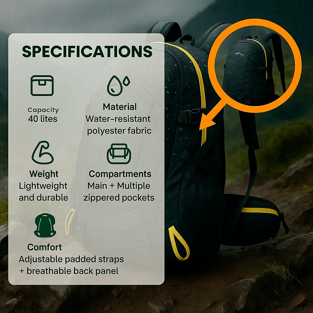 Hiking Backpack Waterproof Ergonomic & Breathable 40L Capacity