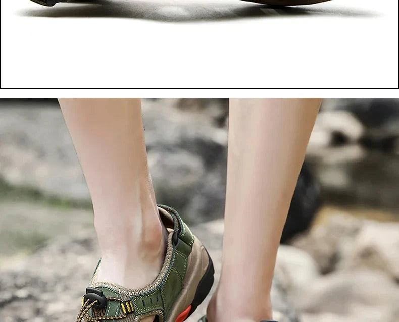 Hiking Sandals Genuine Leather Elastic Slip-On Rubber Sole