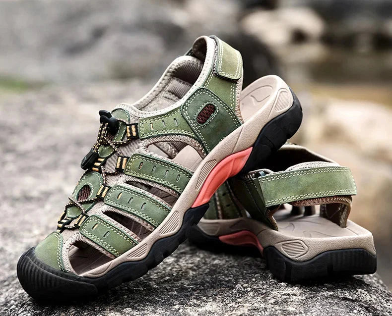 Hiking Sandals Genuine Leather Elastic Slip-On Rubber Sole