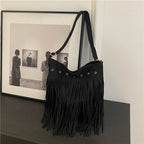 Hobo Bag Faux Suede Fringe Wide Strap