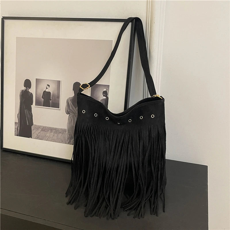 Hobo Bag Faux Suede Fringe Wide Strap