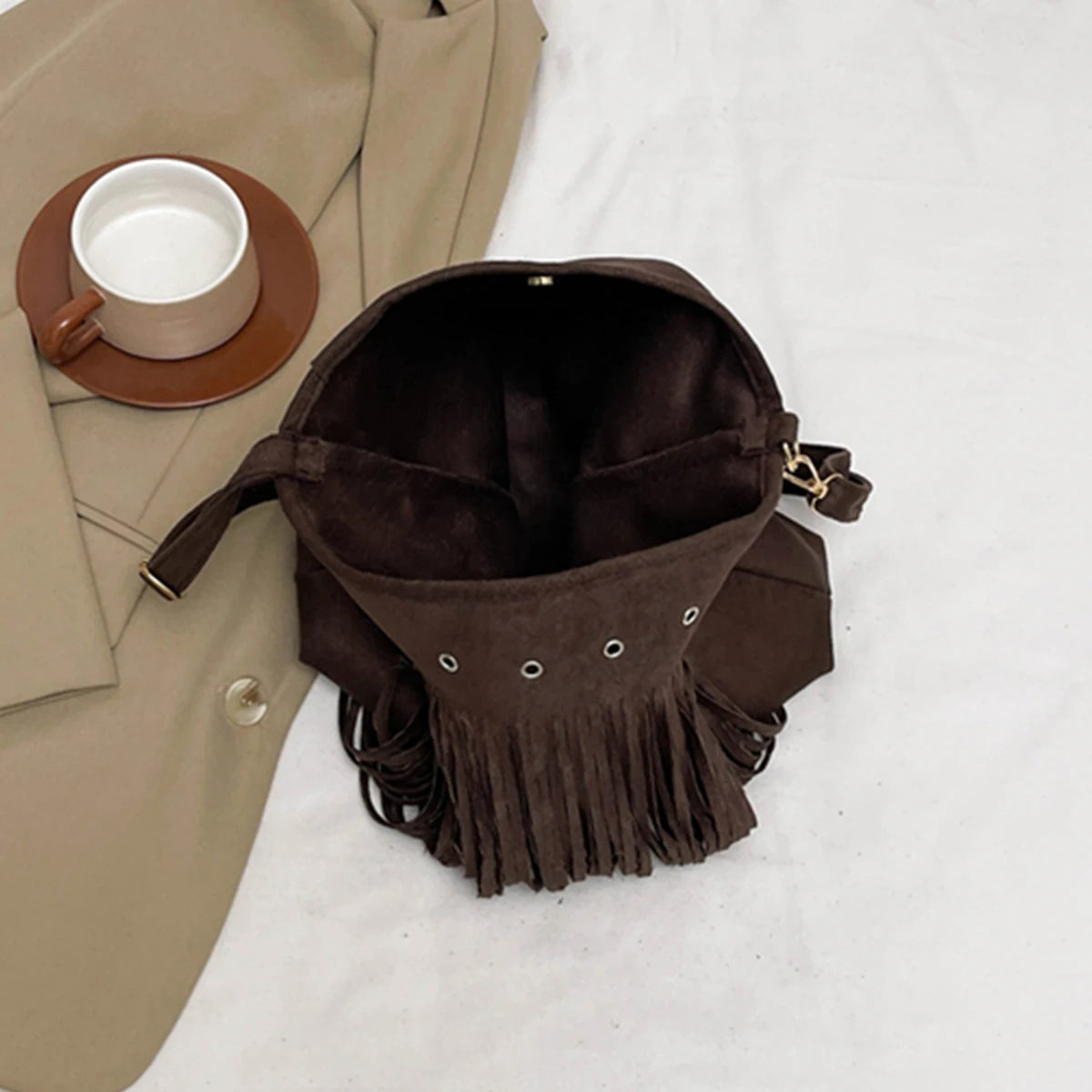 Hobo Bag Faux Suede Fringe Wide Strap